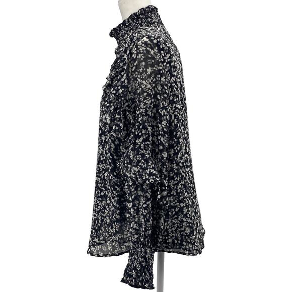 Calvin Klein Small Floral Mock Neck Ruffle Sleeve Blouse Black White - Picture 2 of 12